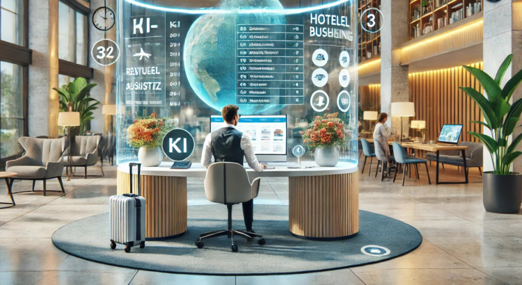 Eine moderne Reiseagentur in Deutschland mit einer KI-gestützten virtuellen Assistenz, die einem Reiseberater bei Aufgaben wie Buchungsanfragen, Kunde